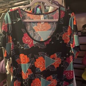 LuLaRoe Black Top with Red and Blue Floral Geometric Design